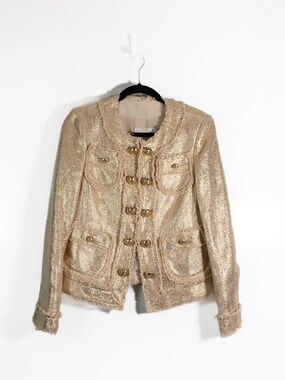 NEW Maison Common Women's Signature Cotton Woven Tweed Jacket Blazer Gold Small